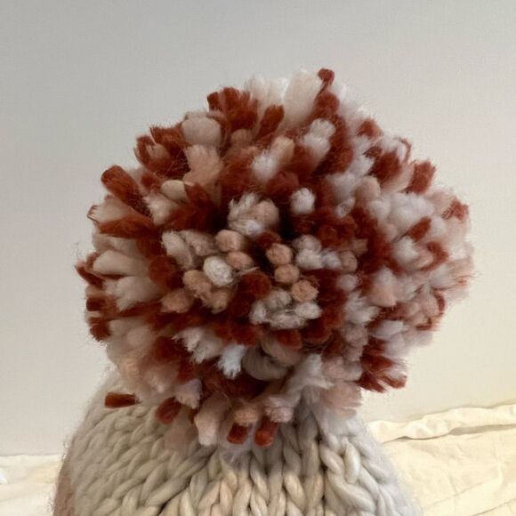 Marcus Adler Chunky Knit Colorblock Rustic/Blush Pink Beanie Hat w Pom - Picture 2 of 8